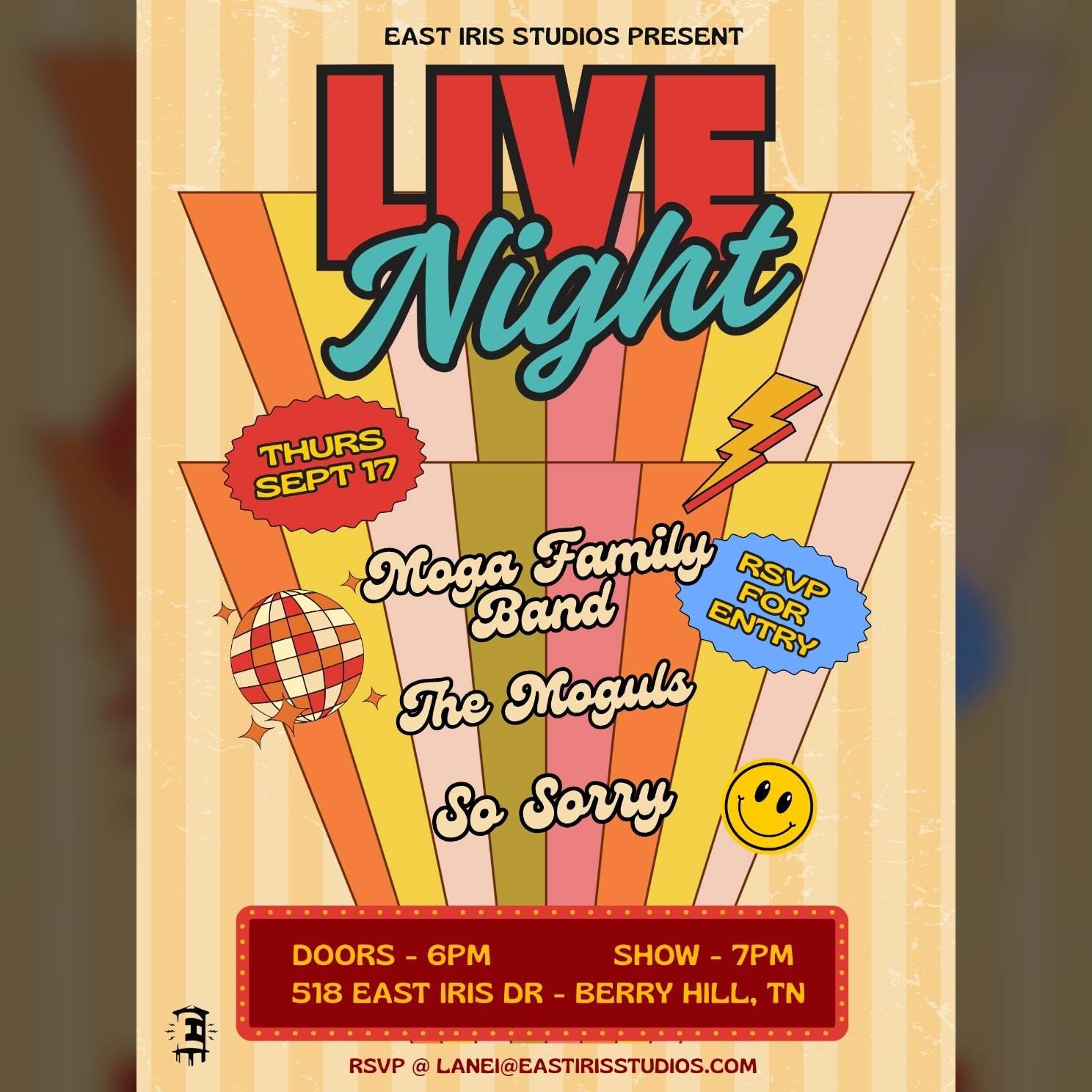East Iris Studios Live Night: Moga Family Band, The Moguls and So Sorry poster image